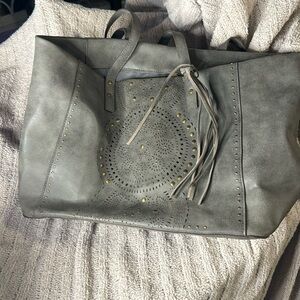 Gray Leather Tote “T- Shirt & Jeans” cut out & accented w/dark gold studs (-1)